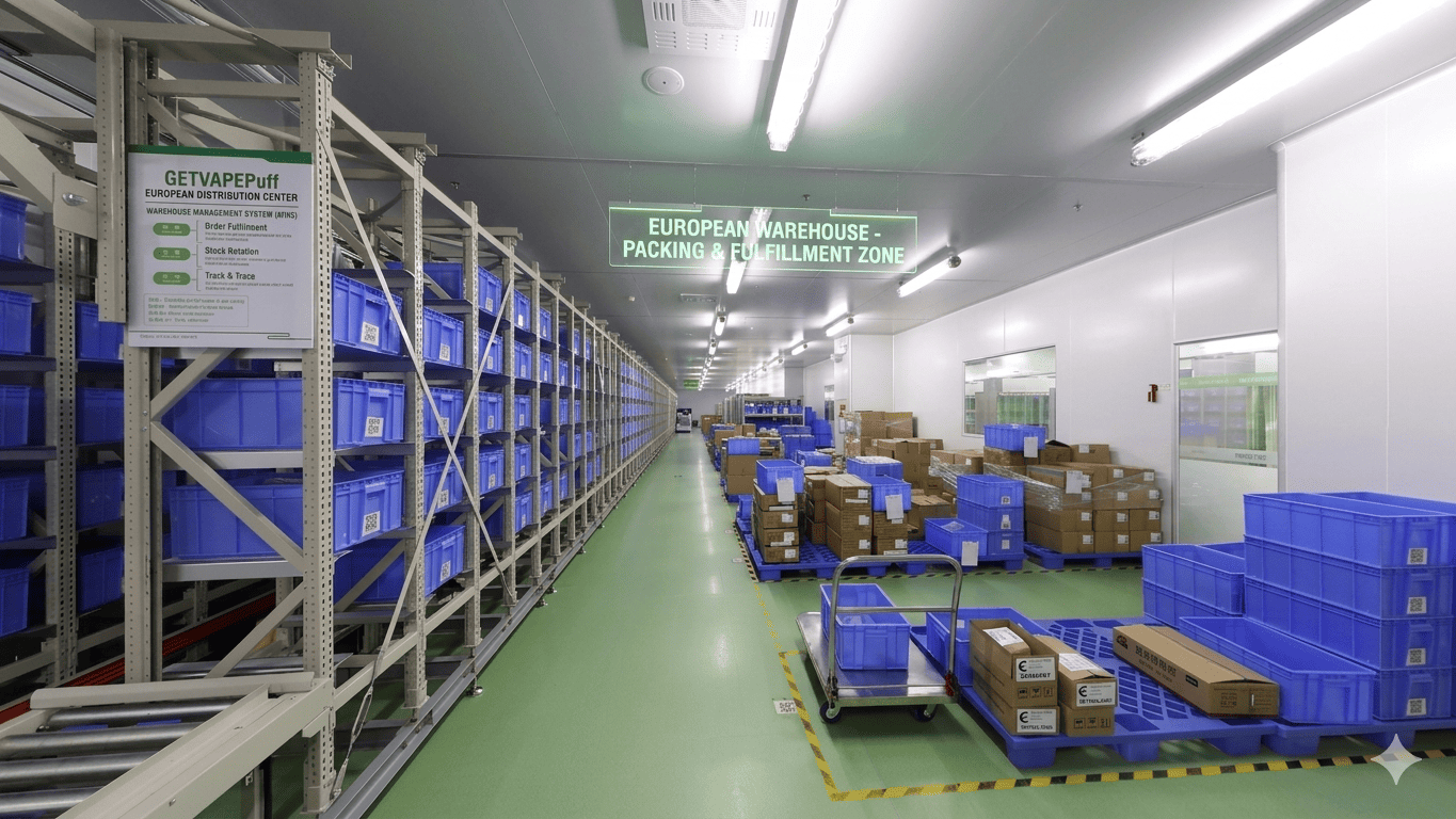 GetVapePuff warehouse facility showing automated storage and logistics operations