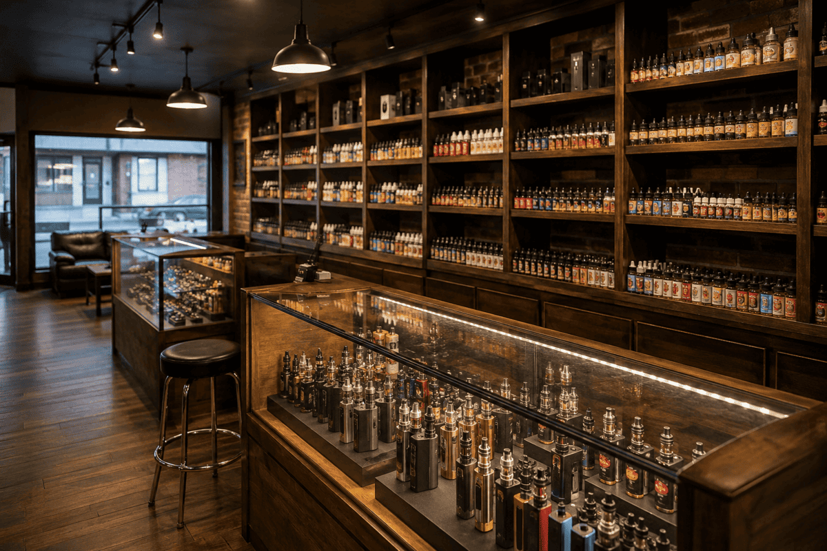 A classic vape shop with e-liquid bottles